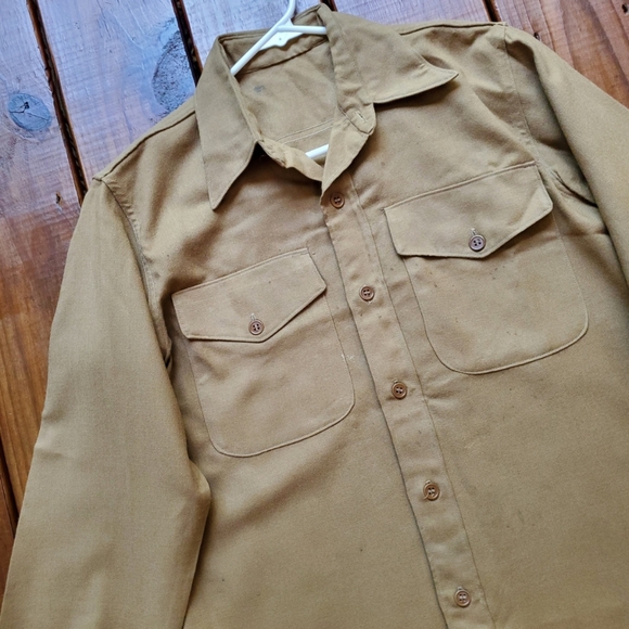 Vintage 50's Korean War men's M/L tan khaki wool long sleeve military shirt - Picture 4 of 11